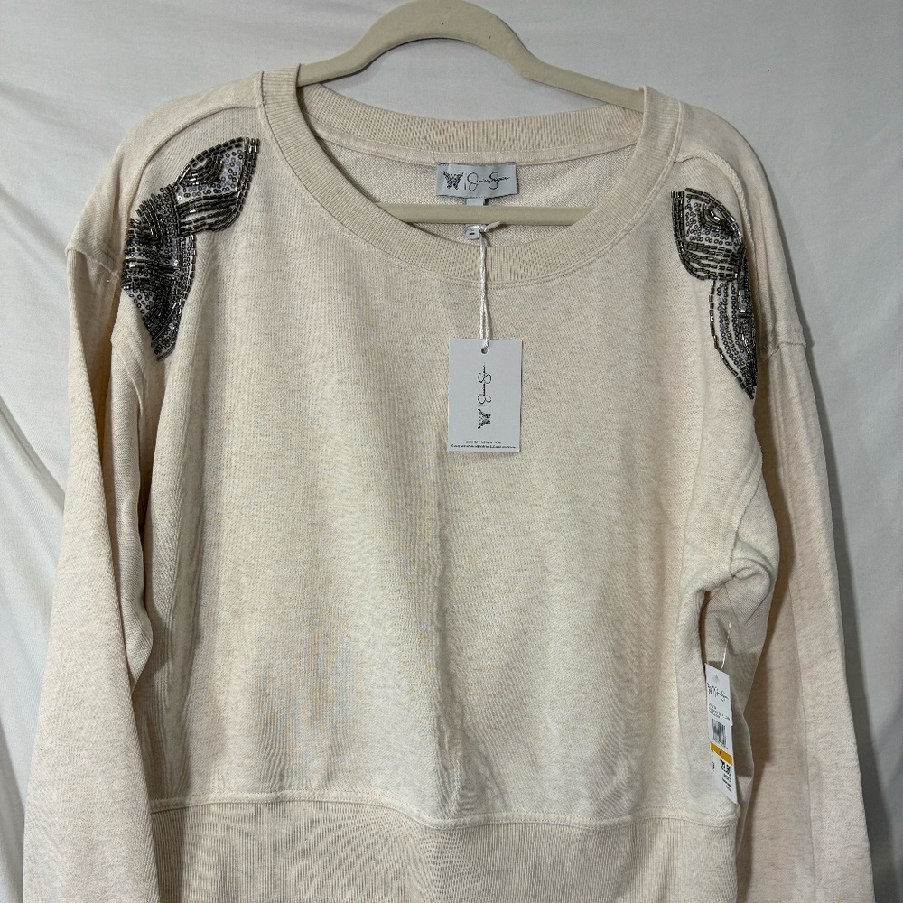 Jessica Simpson Khissa Crew Neck Pullover Large Oatmeal Heather